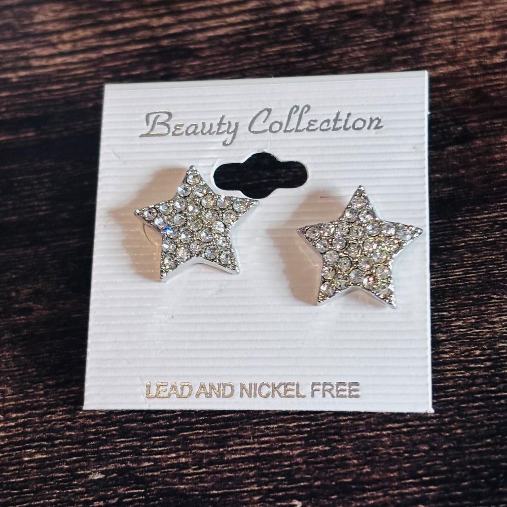 Silver Tone Clear Rhinestone Star Stud Earrings Lead Nickel Free